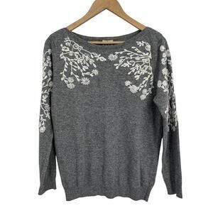 Rain + Rose Grey Floral Embroidered Angora Blend Sweater Small